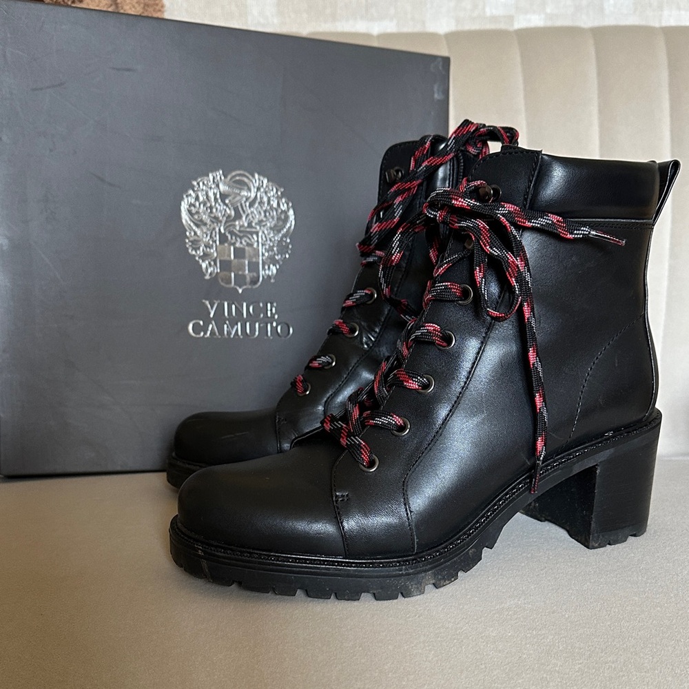 Vince Camuto Black Leather Lace-Up Heeled Combat Boots